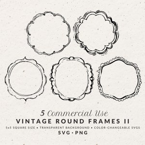 Conjunto de ilustrações vintage com bordas redondas recortadas, desenhadas à mão, SVG PNG, tamanho 5x5, clipart de moldura circular caprichosa para convites de casamento