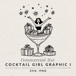 Hand Drawn Woman in Martini Glass Illustration, Whimsical Cocktail Girl Doodle, Christmas Present Art for Holiday Party Invitation Template