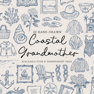 Nautical Coastal Clipart Set, Hand Sketched Seaside Doodle Bundle, Vintage Maritime Illustrations, Ocean Beach Wedding Icons, Summer SVG PNG