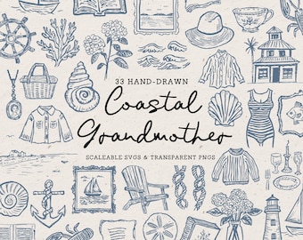 Coastal Grandmother Clipart, Hand Sketched Seaside Illustrations (SVG, PNG)