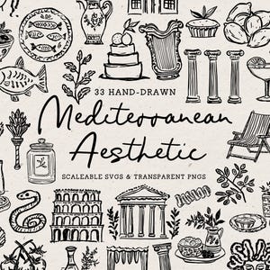 Mediterranean Summer Aesthetic Clipart, Italy Greece Spain Doodle Bundle, Hand Drawn Illustrations, Wedding Icons, Sea Lemon Olive, SVG PNG