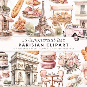 Watercolor Paris Clipart PNGs, Parisian Clipart, Watercolor Clipart Bundle, Commercial Use, Planner Clipart, Macarons, Eiffel Tower Clipart