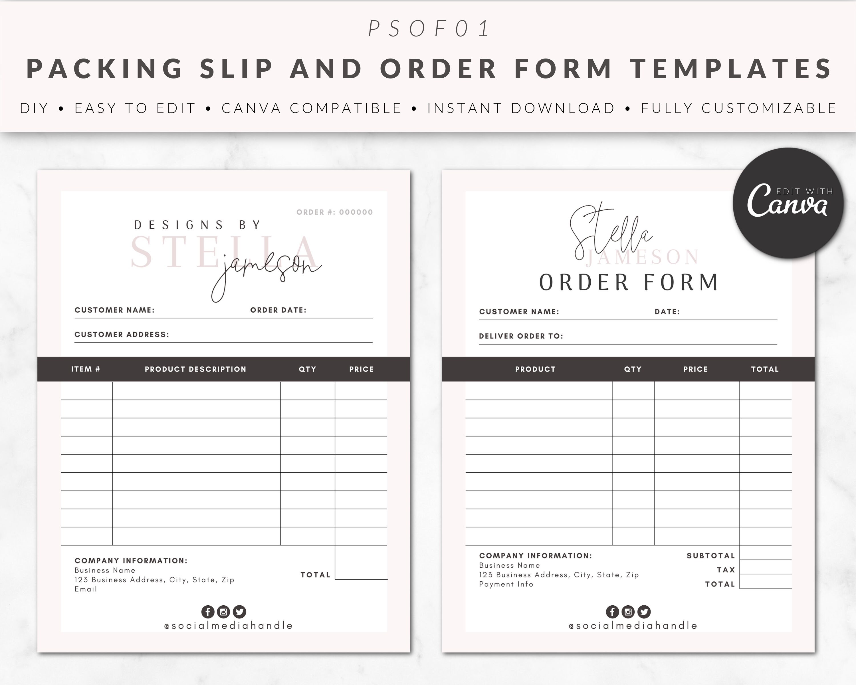 Order Form and Packing Slip Templates for Canva Wholesale Etsy