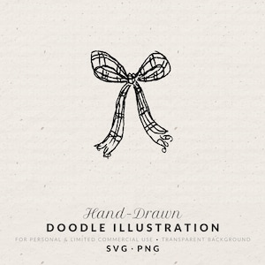 Puede incluir: Ilustración de doodle dibujada a mano de un lazo con un patrón de cuadros. El lazo es blanco y negro, con largas colas fluidas. El texto "Hand-Drawn DOODLE ILLUSTRATION" está debajo del lazo, junto con información de uso.