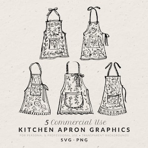 Hand Drawn Kitchen Apron Illustration Bundle SVG PNG, Whimsical Line Art Icons, Vintage Doodle, Commercial Clip Art for Wedding Invitation