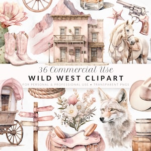Aquarel wilde westen clipart png, roze cowgirl clipart, rodeo clipart, western clipart bundel, commercieel gebruik, cowboylaarzen, cactus, paard