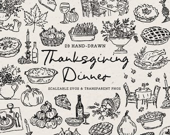 Hand Drawn Thanksgiving Dinner Illustrations, Whimsical Fall Doodle Line Art Bundle (SVG & PNG Clipart)