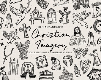 Hand Drawn Christian Doodle Bundle, Religious Line Art Illustrations (SVG & PNG Clipart)