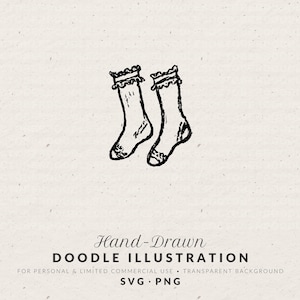 May include: A black and white hand-drawn doodle illustration of a pair of socks with ruffled cuffs. The text below reads: Hand-Drawn DOODLE ILLUSTRATION FOR PERSONAL & LIMITED COMMERCIAL USE • TRANSPARENT BACKGROUND SVG • PNG.
