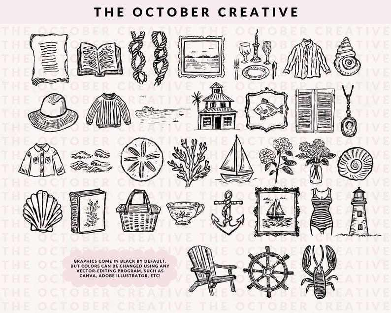 Hand Drawn Coastal Grandmother Doodle Bundle, Grandmillenial Line Art Illustrations (SVG & PNG Download) image 3