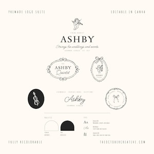 以下が含まれることがあります： ASHBYというテキスト、バイオリンを弾く天使、チェロ、リボンのイラストが特徴のロゴスイート。円形や楕円形のフレーム、白と黒のカラーパレット、結婚式用のタイポグラフィサンプルが含まれています。Canvaで編集可能なデザインテンプレートです。