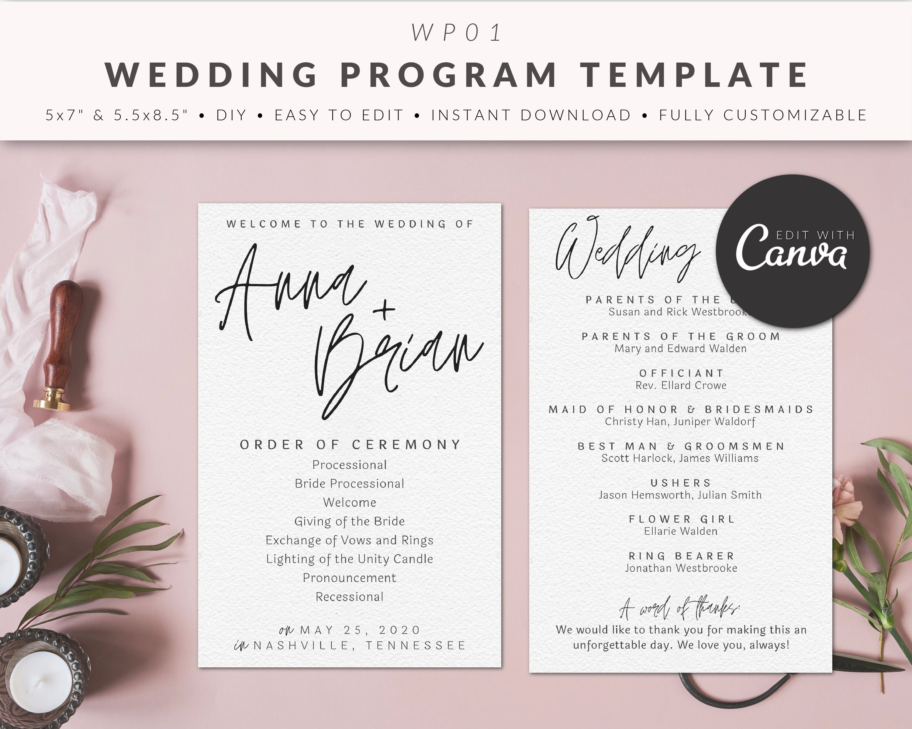 Wedding Program Template for Canva Order of Ceremony Etsy