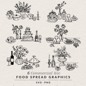 Ilustrações de comida de casamento e chá de panela desenhadas à mão SVG PNG, mesa de jantar de ensaio, rabiscos de bolo de frutos do mar com massa, clip art em estilo vintage