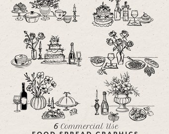 Hand Drawn Wedding Food Illustrations, Whimsical Quirky Doodle Line Art Bundle (SVG & PNG Clipart)