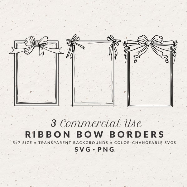 Hand Drawn Bow Ribbon Border Illustration Bundle Set, SVG PNG, Size 5x7, Whimsical Doodle Scribble Frame Vector Clipart for Wedding Invites