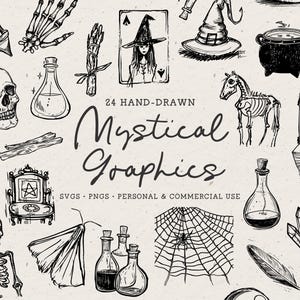 Bundle d'illustrations de sorcières mystiques dessinées à la main, PNG SVG, icônes d'Halloween automne, griffonnages fantaisistes, potion de balai crâne de papillon de nuit chaudron