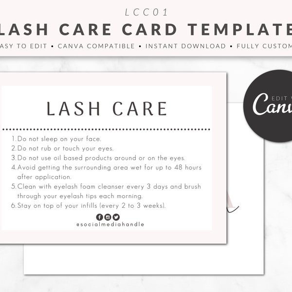 Lash Care Card Template for Canva, Lash Care Tips Template, Lash Business Templates, Makeup Artist Templates, Editable Printable Care Card