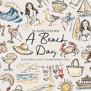 Hand Drawn Beach Day Clipart, SVG PNG Coastal Summer Doodle Illustration Bundle, Seaside Ocean Vacation Icons, Shell Palm Tree Pool Art