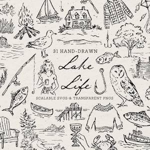 a collection of hand-drawn illustrations and objects related to lake life, including a boat, a bird, a house, a fish, and various other elements. The image is described as a "31 Hand-drawn Lake Life" and includes "Scalable SVgs & Transparent PNGs".