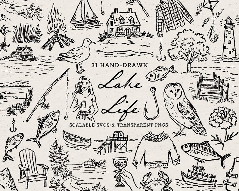 a collection of hand-drawn illustrations and objects related to lake life, including a boat, a bird, a house, a fish, and various other elements. The image is described as a "31 Hand-drawn Lake Life" and includes "Scalable SVgs & Transparent PNGs".
