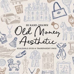 Hand Drawn Old Money Doodle Bundle, Whimsical Line Art Illustrations (SVG PNG) image 2