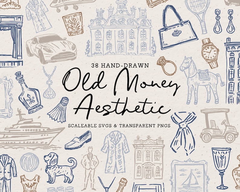 Hand Drawn Old Money Doodle Bundle, Whimsical Line Art Illustrations (SVG PNG) image 2