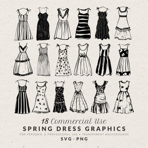 Hand Drawn Spring Dress Illustration Bundle SVG PNG, Vintage Fashion Doodles, Line Art Icon, Sketch Drawing Clip Art for Wedding Invitation