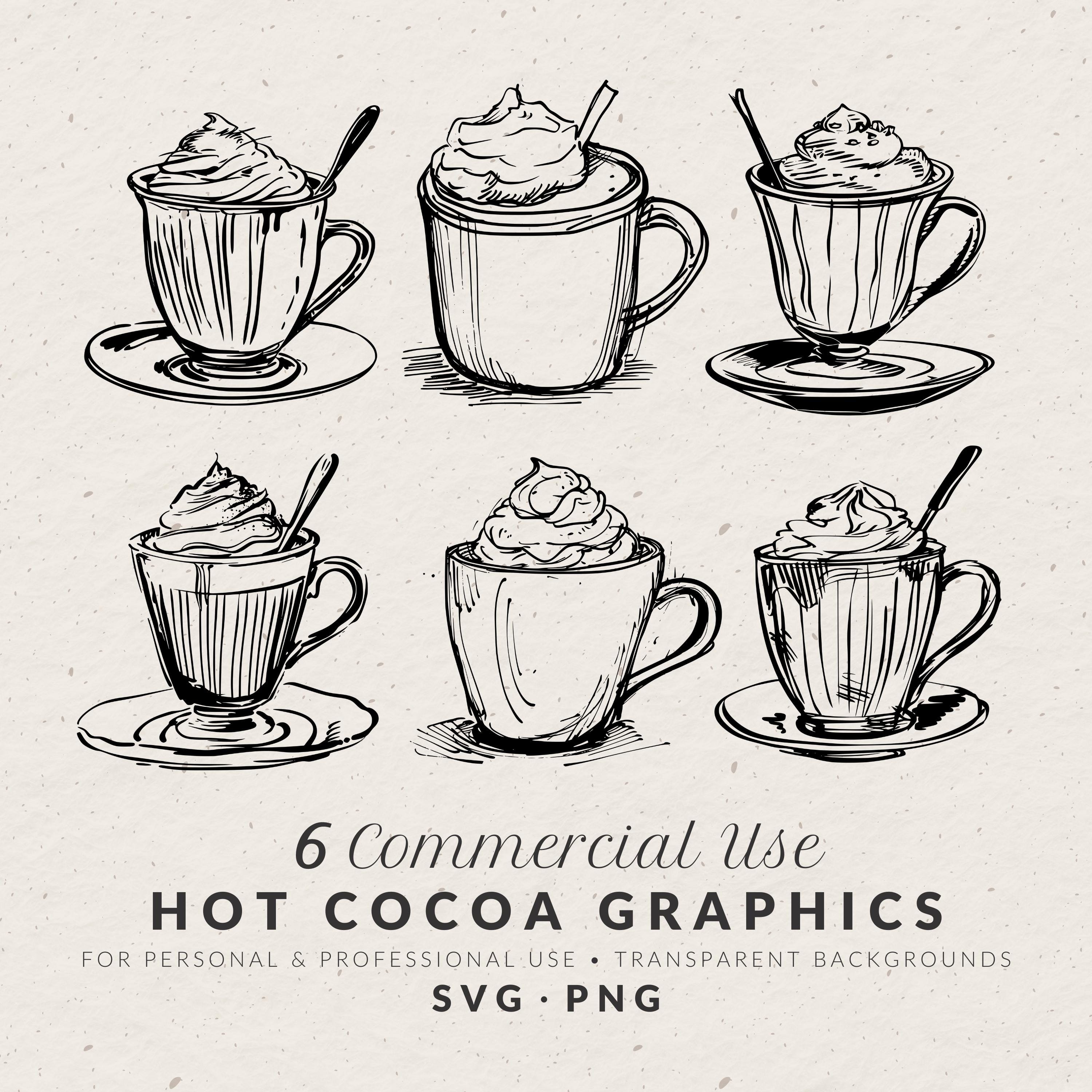 Hand Drawn Vintage Hot Chocolate Illustrations SVG PNG, Winter Christmas Cocoa Icons, Whimsical Holiday Doodles, Line Art for Invitation