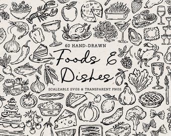 Hand Drawn Food Doodle Bundle, Whimsical Kitchen Line Art Illustrations (SVG & PNG Download)