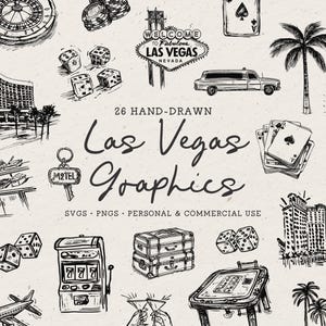 Favoloso pacchetto di illustrazioni disegnate a mano di Las Vegas in formato SVG e PNG, addio al nubilato e fine settimana, poker, carte da gioco, dadi, icona in bianco e nero
