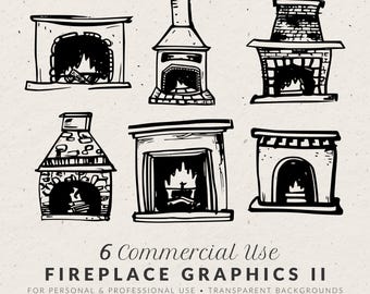Conjunto de imágenes prediseñadas de chimeneas ornamentadas: 6 dibujos de repisas de chimenea hechos a mano, SVG y PNG.