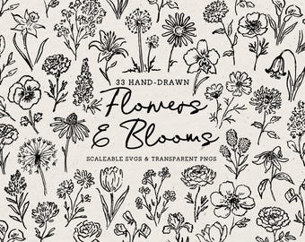 Hand Drawn Flower Doodle Bundle, Floral Line Art Illustrations (SVG & PNG Download)