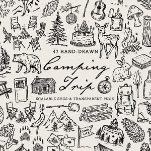 Hand Drawn Camping Trip Doodle Bundle, Summer Line Art Illustrations (SVG & PNG Download)