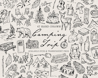 Camping Ausflug Doodle Bundle, Sommer Line Art Illustrationen (SVG & PNG Download)