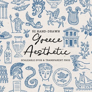 Grécia Doodle Clipart, Pacote de ícones de casamento mediterrâneo, Ilustrações de praia desenhadas à mão, Estética grega romana, Estátua de peixe-azeitona, SVG PNG