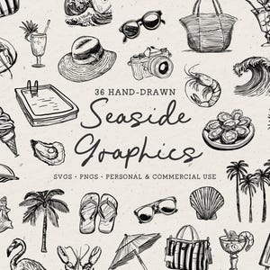 Pacote de ilustrações de praia desenhadas à mão SVG PNG, verão costeiro, férias à beira-mar, oceano, palmeira, ostras, lagosta, clipart preto e branco