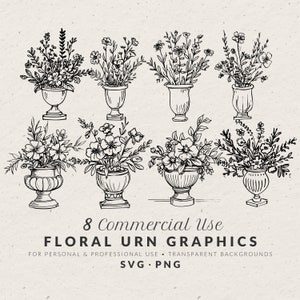 Bundle d'illustrations d'urnes florales dessinées à la main, SVG, Doodle vase floral vintage, icône de la ligne fantaisiste, croquis dessin clipart pour mariage funèbre