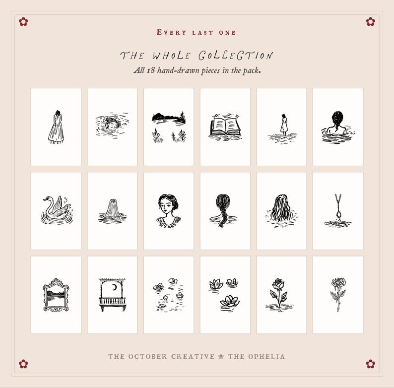 The image is a collage of 18 hand-drawn pieces, each depicting a different scene or object. The text above the collage reads "Every last one" and "The whole collection" followed by "All 18 hand-drawn pieces in the pack." The text below the collage says "THE OCTOBER CREATIVE @ THE OPHELIA."
