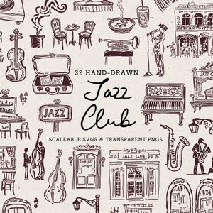 Clipart club de jazz, lot d'illustrations Art déco dessinés à la main, icônes Ragtime vintage lunatiques, dessin au trait ère Swing PNG SVG, années folles