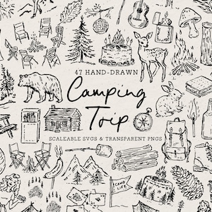 Summer Camping Trip Clipart Bundle, Hand Drawn Outdoors Doodle, Rustic Campfire Tent Bear Icons, Adventure Hiking Camp SVG PNG Illustrations
