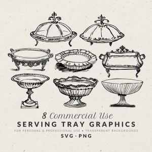 Puede incluir: Ocho dibujos en blanco y negro de bandejas de servir. Las bandejas son de varias formas y tamaños, incluyendo redondas, ovaladas y rectangulares. Los dibujos están sobre un fondo texturizado.