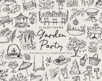 Garden Party Hand Drawn Doodle Clipart Set - Instant Digital Download