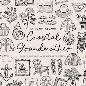 Clipart estético de nieta costera, paquete de garabatos de abuela náutica, ilustraciones dibujadas a mano, iconos de boda, playa de verano, SVG PNG