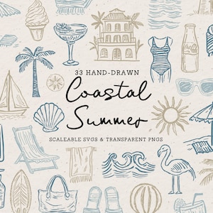 Può includere: Illustrazioni disegnate a mano di elementi estivi costieri, tra cui una barca a vela, palme, un ombrellone e un costume da bagno. Il testo recita "Coastal Summer" e "33 Hand-Drawn". Le immagini sono in tonalità blu, beige e marrone.