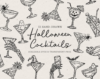 Hand Drawn Halloween Cocktail Illustrations, Whimsical Quirky Doodle Line Art Bundle (SVG & PNG Clipart)