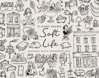 Hand Drawn Lifestyle Doodle Bundle, Whimsical Line Art Illustrations (SVG & PNG Download)