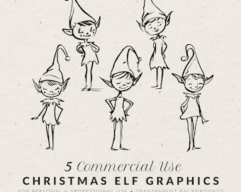 Hand Drawn Vintage Christmas Elves Illustration SVG PNG, Winter Holiday Icons, Whimsical Elf Doodles, Line Clip Art for Invitations