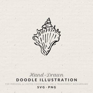 May include: A hand-drawn doodle illustration of a seashell in black ink on a beige background. The illustration features a detailed outline of the shell's spiral and textured surface. The text "Hand-Drawn DOODLE ILLUSTRATION" is below the shell.