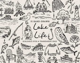 Hand Drawn Lake House Doodle Bundle, Summer Vacation Line Art Illustrations (SVG & PNG Download)