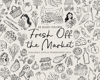 Hand Drawn Fresh Off the Market Doodle Bundle, Food Line Art Illustrations (SVG & PNG Clipart)